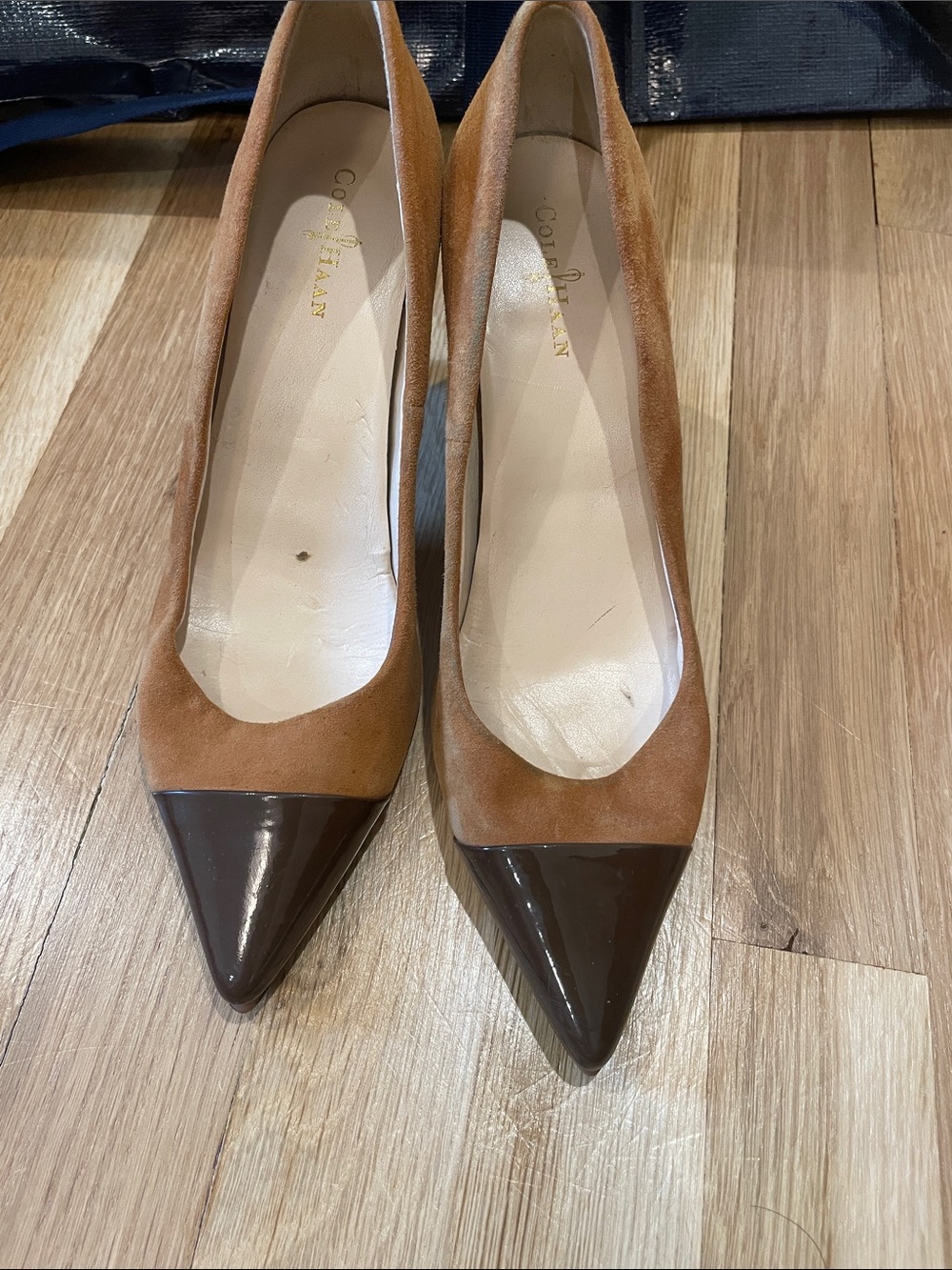 Cole Haan Brown Suede Pumps with Dark Patent Cap Toe